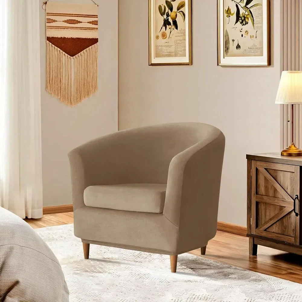 2 Piece Velvet Club Chair Slipcover, Stretch Barrel Chair Cover (Khaki)